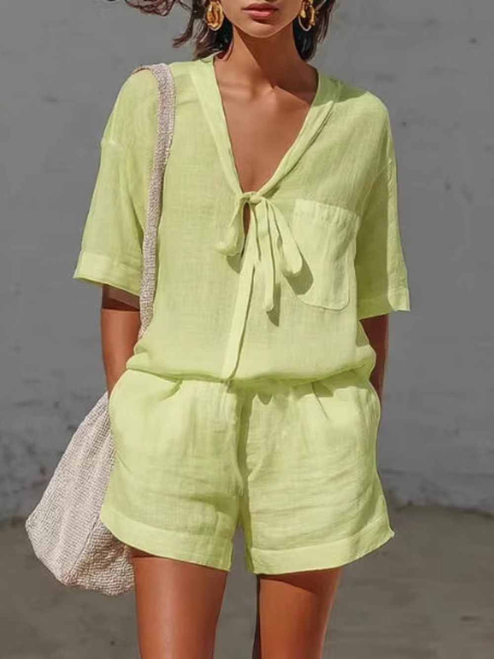 Tie-Front Half Sleeve Shirt and Shorts Set